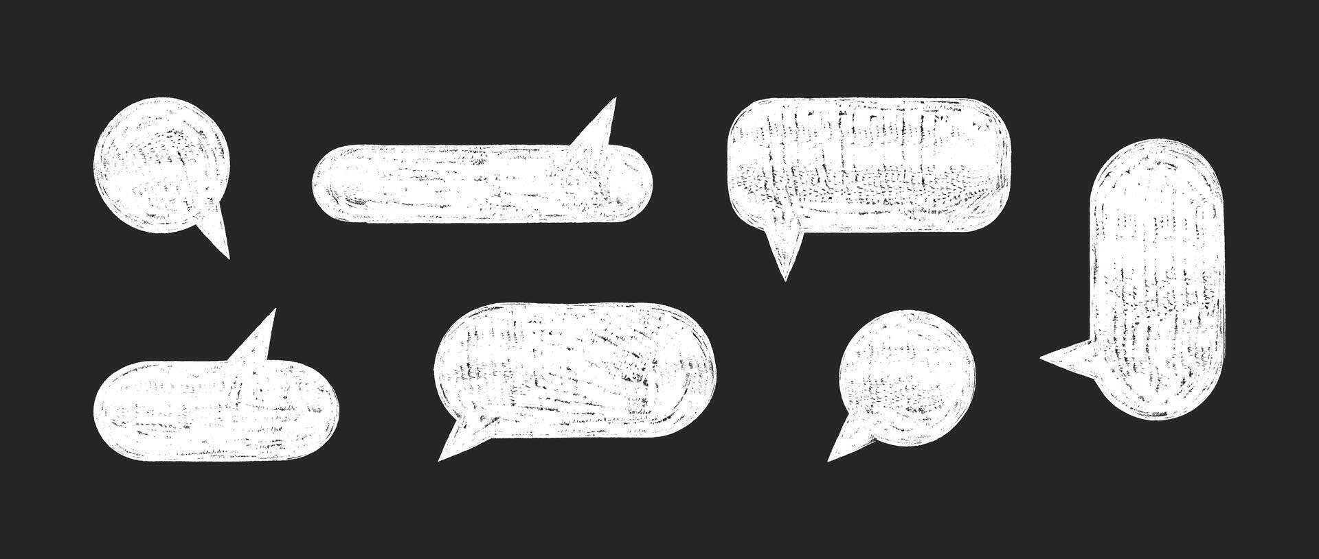 Set of chalk speech bubbles in white color on dark background. Round dialogue cloud templates with crayon texture. vector