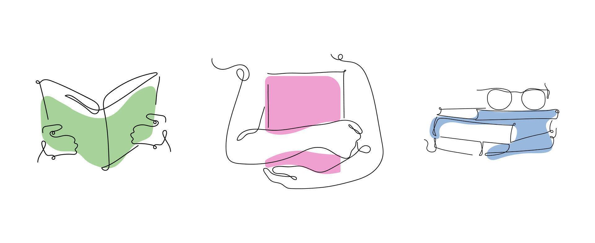 Set of outline, contour studying elements. Continuous line drawing of open book, girl holding a book, glasses on the books. One line style concept art illustration. vector