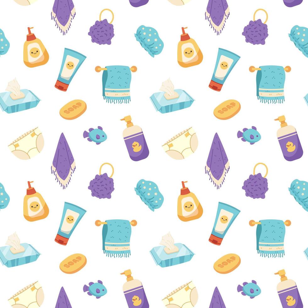 Seamless pattern with baby soaps. Baby care, baby hygiene. Fabric swatch, wrapping, for design vector