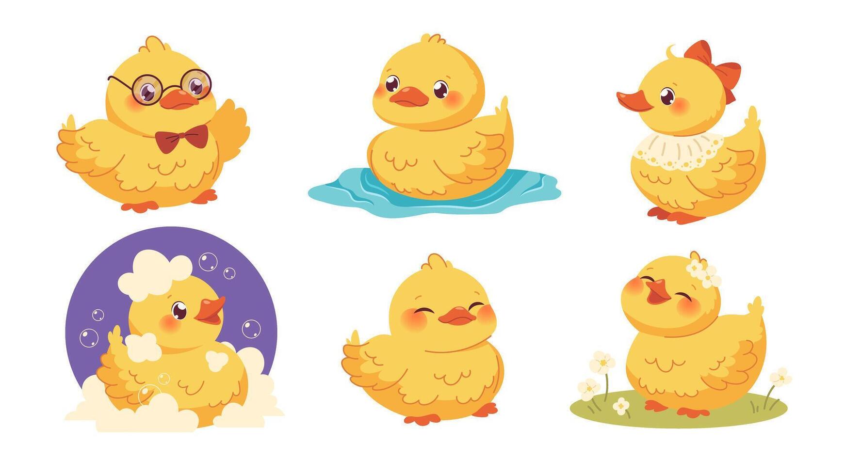 Set of cute kawaii ducklings. Yellow ducklings on white background. flat characters vector