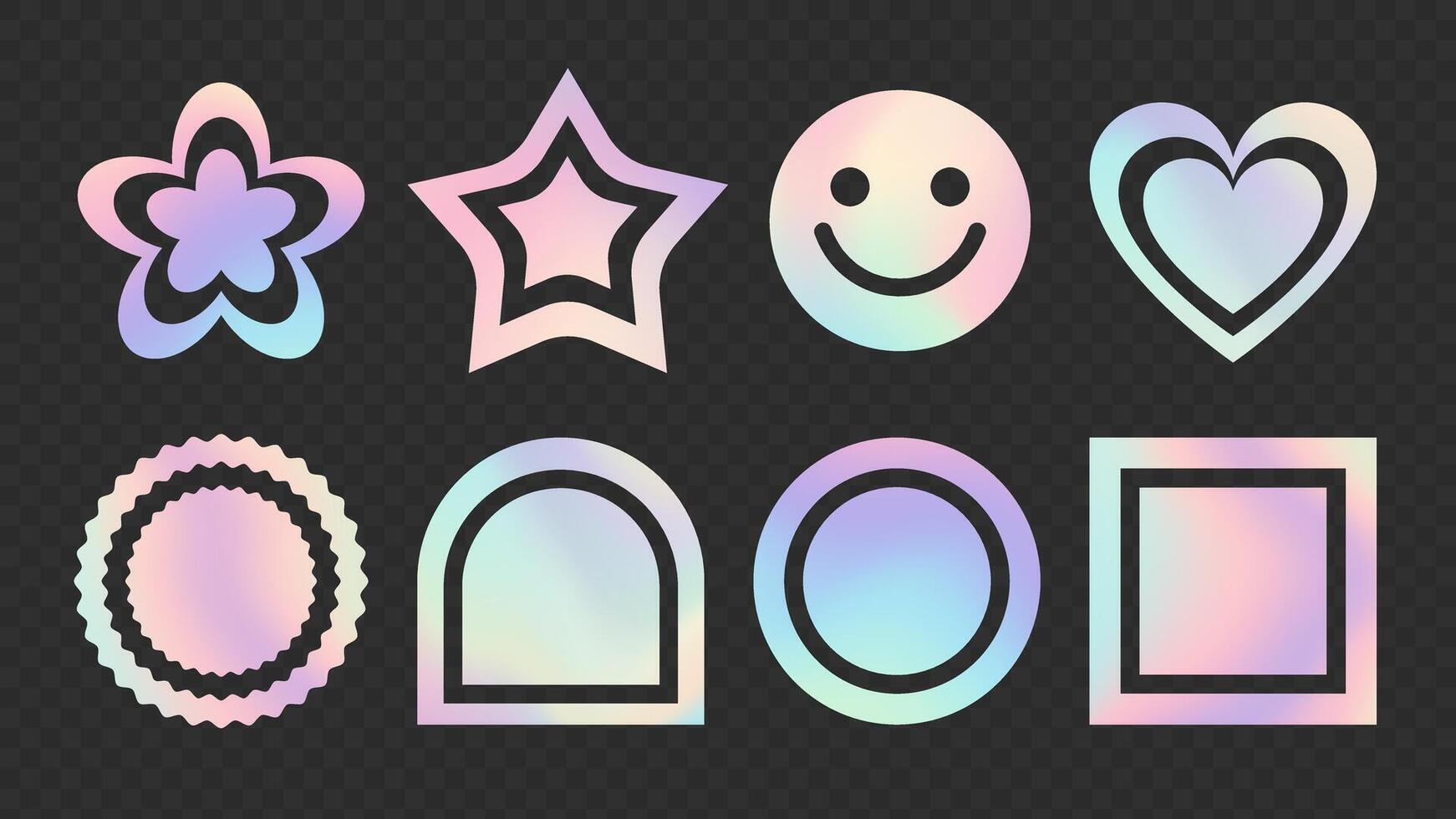 Holographic Sticker Set. Stickers in pastel neon colors in retro y2k style. gradient icons for designs vector