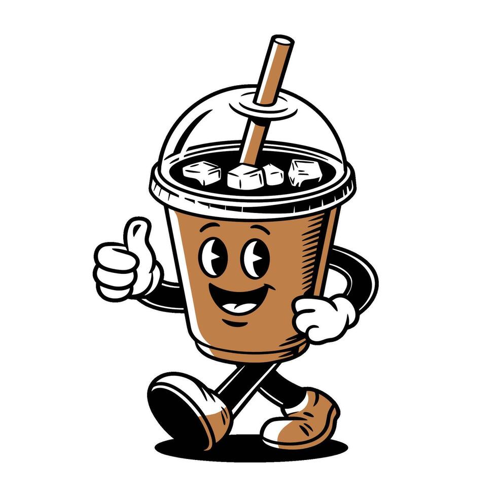Cartoon iced coffee cup character with straw in retro groovy style vector