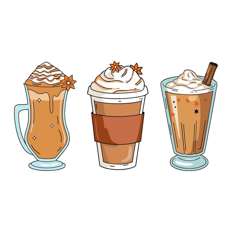 Three autumn coffee drinks with whipped cream, floral decorations, flat doodle style vector