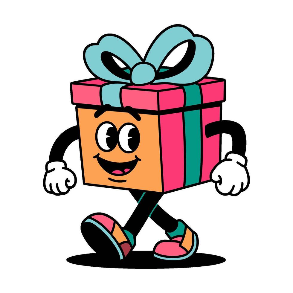Funny retro cartoon character is walking with a pink and green gift box, groovy illustration vector