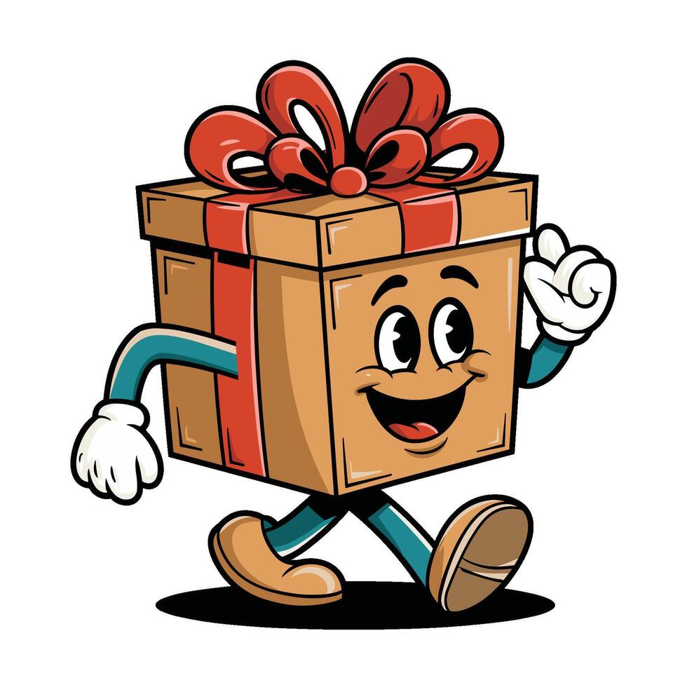 A cartoon gift box character with a red bow walking on a white background. Concept of surprise vector
