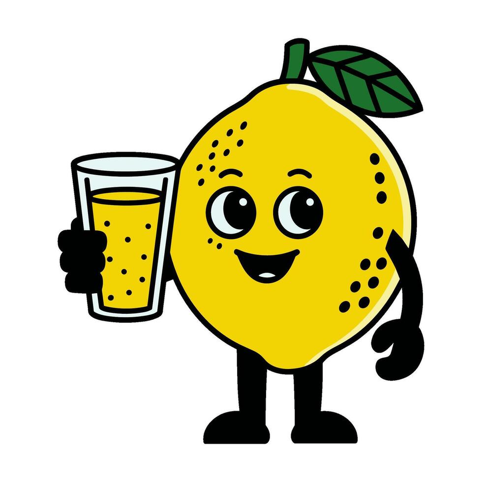 Cartoon lemon character holding a glass of juice, flat graphic style vector