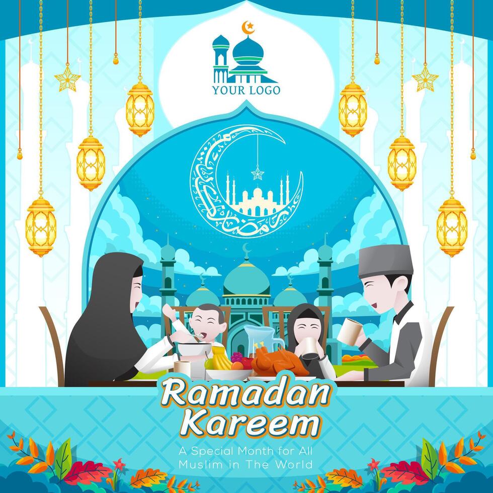 Ramdan kareem islamic background design with family illustration and lantern ornament vector