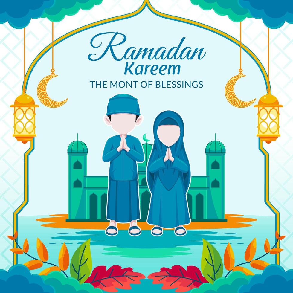 Ramadan kareem post design with illustration of couple saying happy Ramadan vector