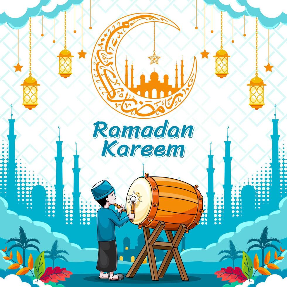 Ramadan kareem poster design with drummer illustration and background with pattern vector
