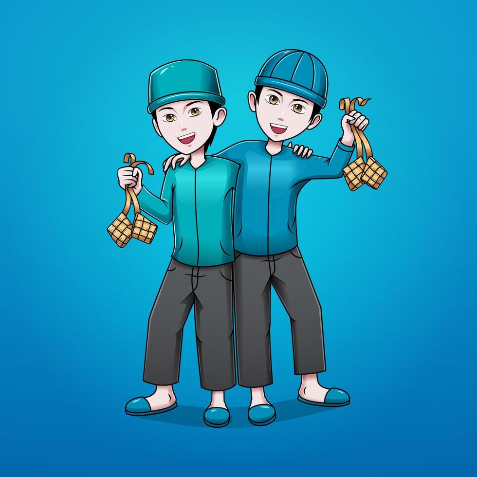 illustration of two muslims holding ketupat vector