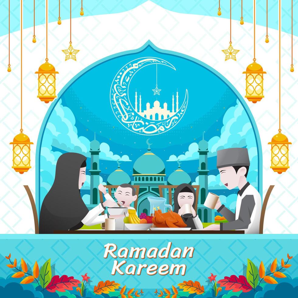 Ramdan kareem poster design with family illustration vector