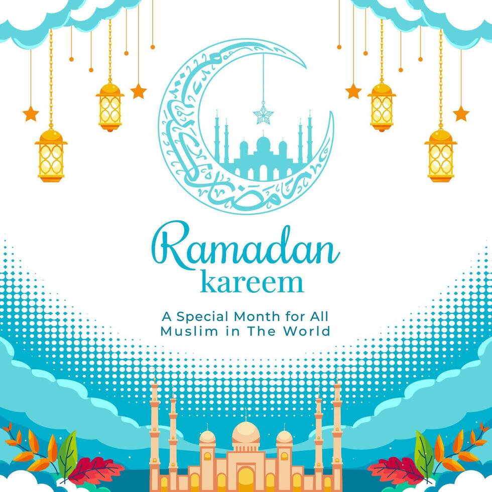 Ramadan kareem poster design with mosque illustration and calligraphy vector