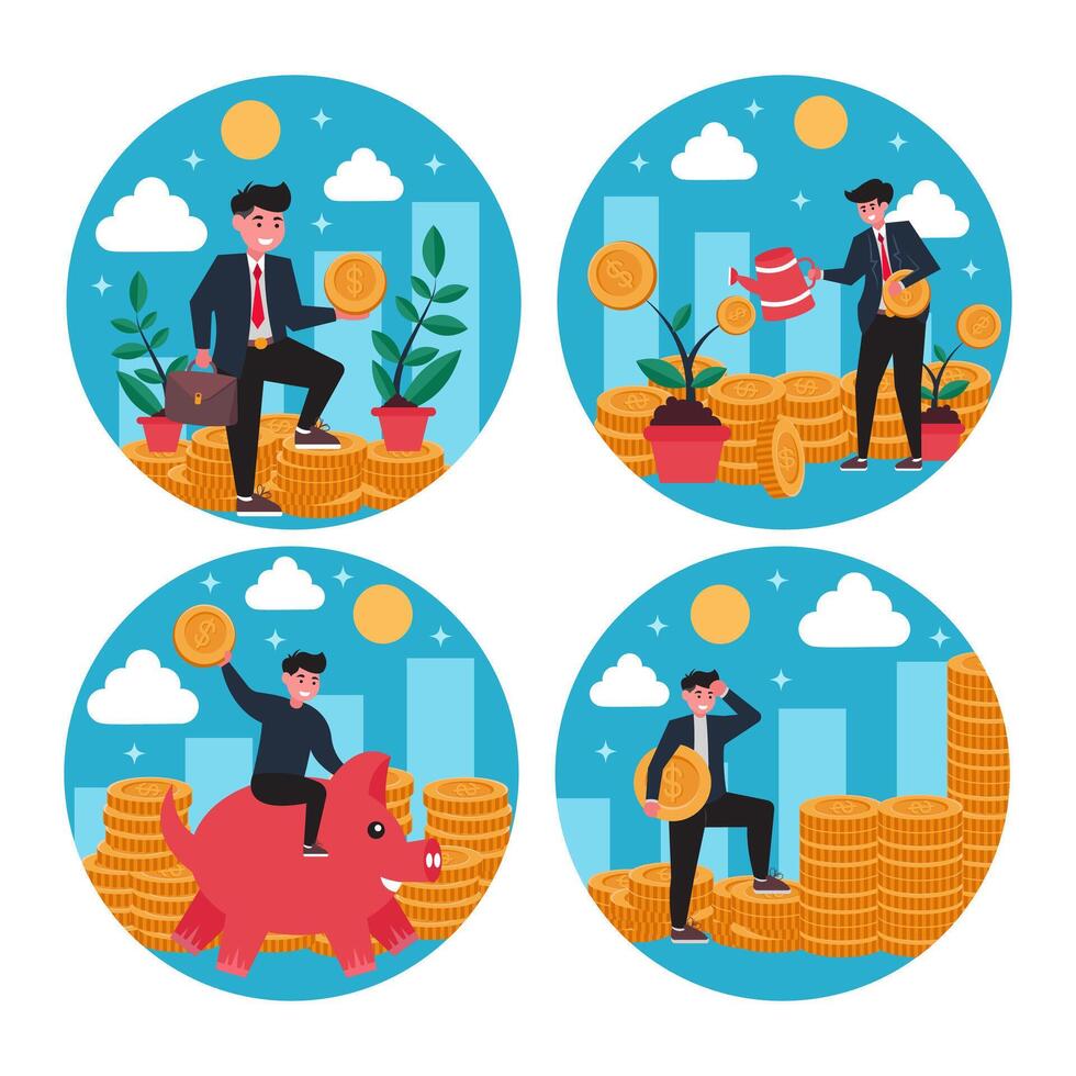Set of Icons Illustrating Successful Entrepreneurs in Their Business Investments. Business Investment Character Concept vector