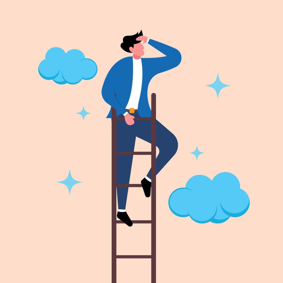 Illustration of Entrepreneur Starting a Career Process. Concept of Character Flying Above the Clouds vector