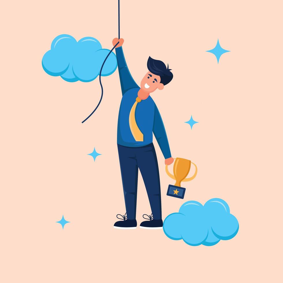 Illustration of a Successful Businessman with a Genius Idea. Flying Character Concept Carrying Trophy vector