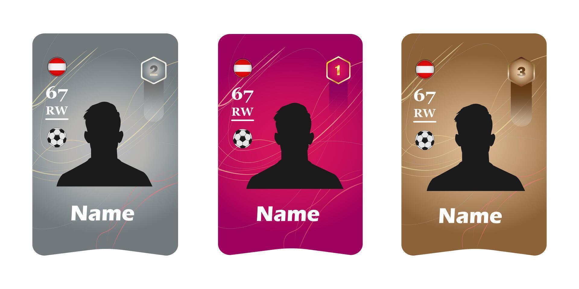 Customizable football player card template with silhouette, rating, position, and national flag. Set of three designs in silver, pink, and bronze colors vector