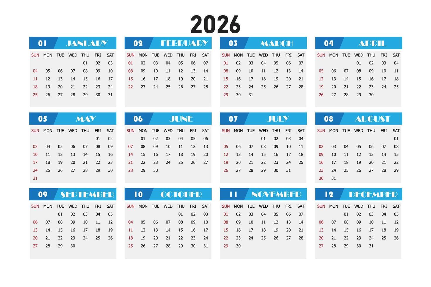 Simple Classic Calendar Template For 2026 Year vector