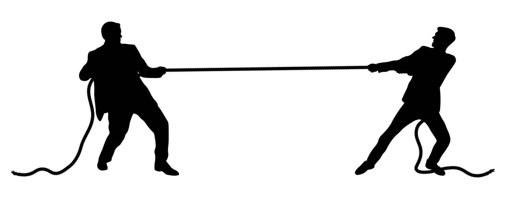 Silhouette illustration of two men in suits pulling a rope. vector