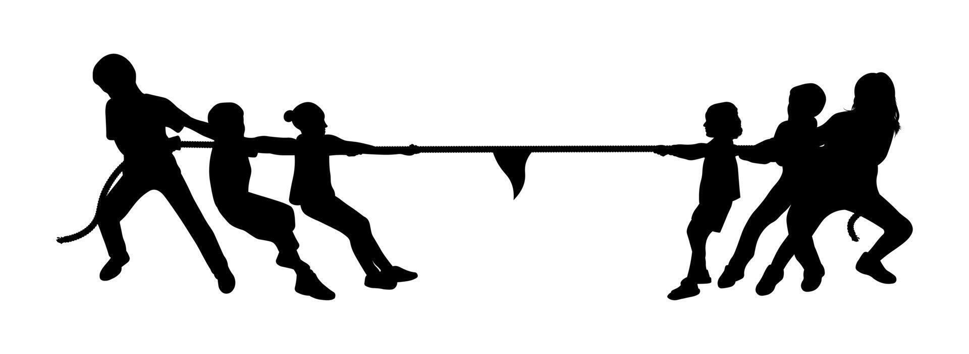 Silhouette of a group of children doing tug of war vector