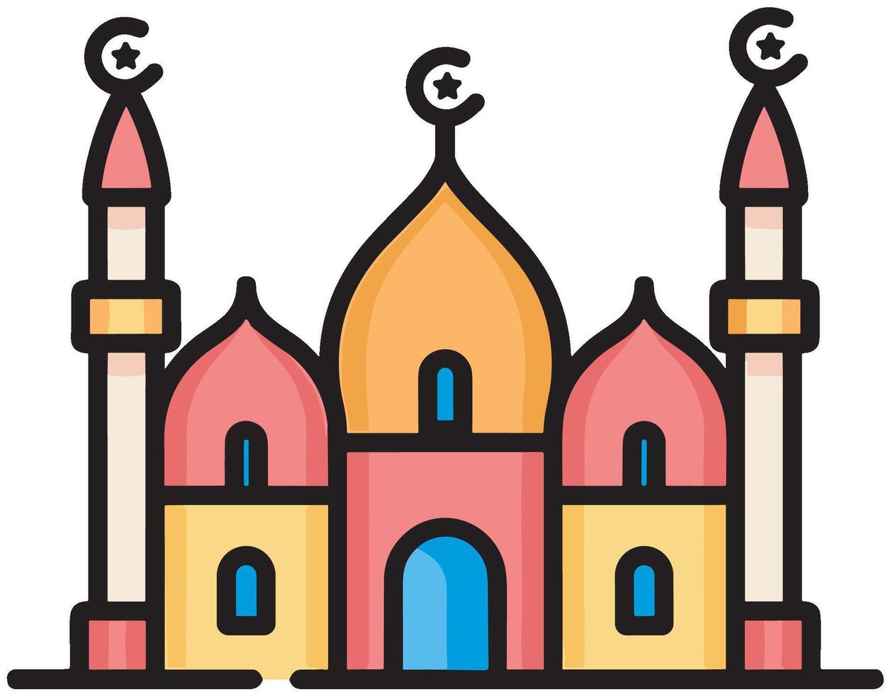 Illustration of a Mosque Icon in the Month of Ramadan A Spiritual Glow Beneath the Crescent Moon vector