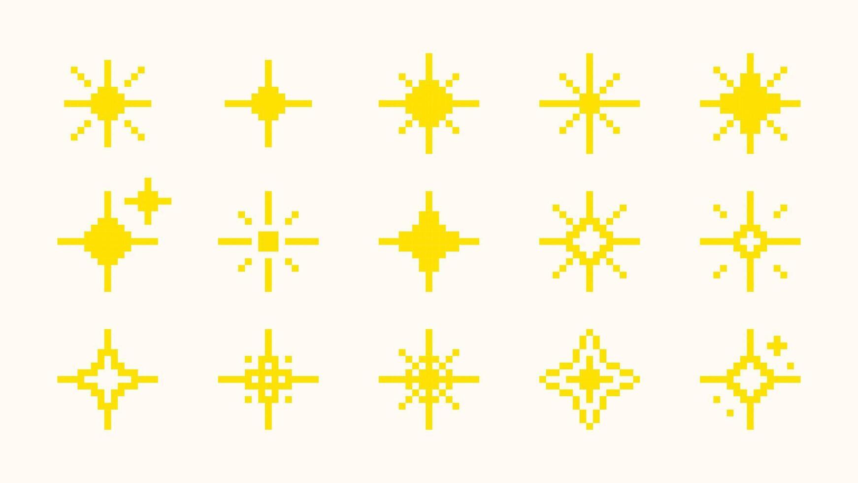 Collection of pixel art sparkling stars. Shining brightly pixelated sparkling retro elements. illustration vector