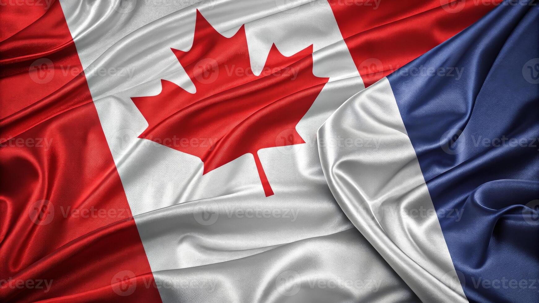 Canadian and French Flags Intertwined with Soft Textures on Fabric Surface photo