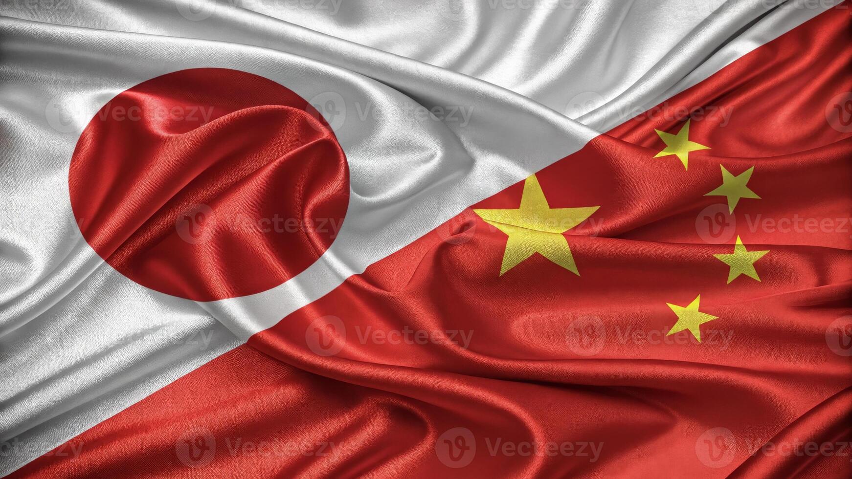 Japan and China National Flags Waving Together with Silk Fabric Effect photo