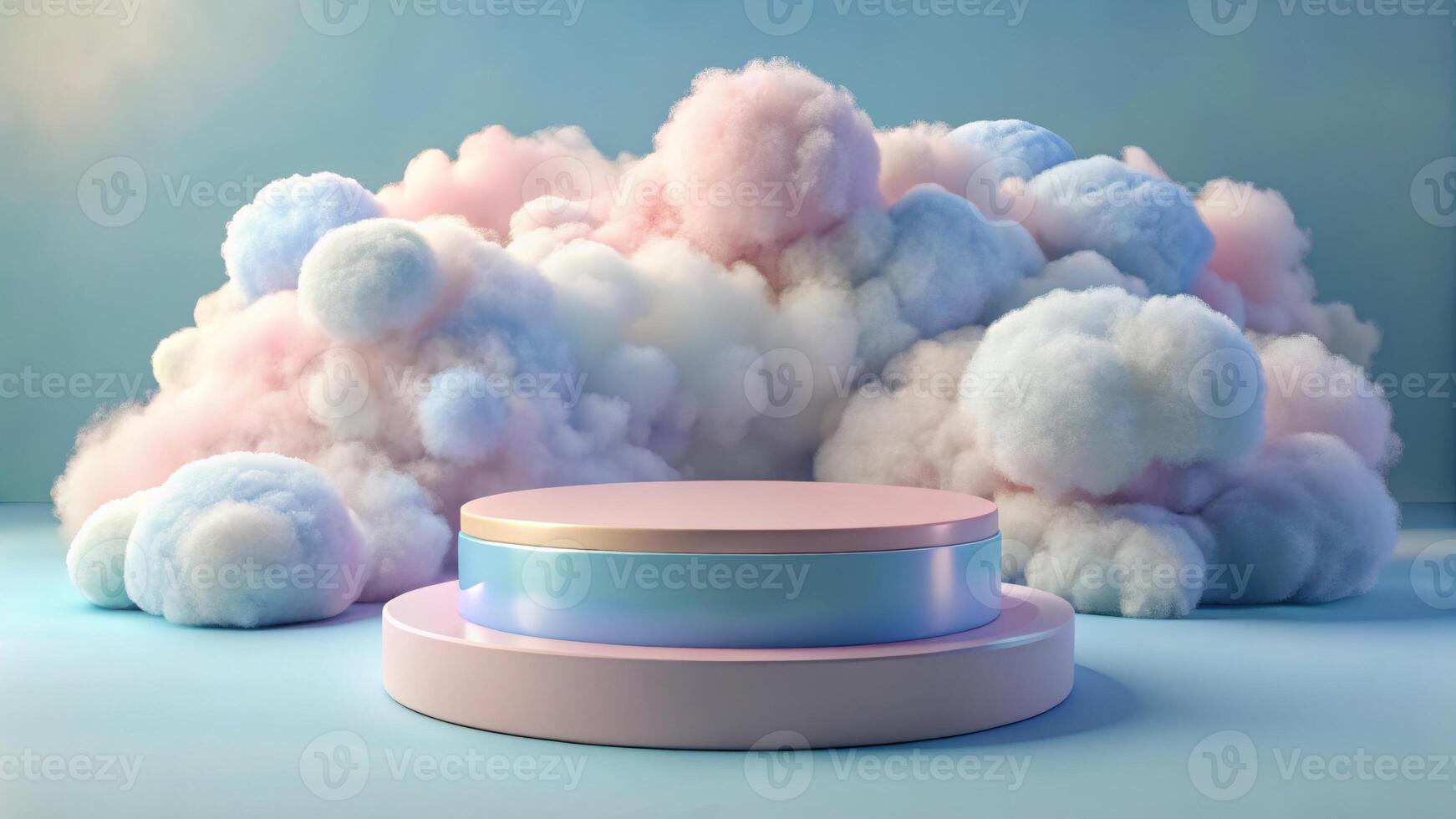 Pastel-Colored Podium with Floating Clouds in Abstract Display photo