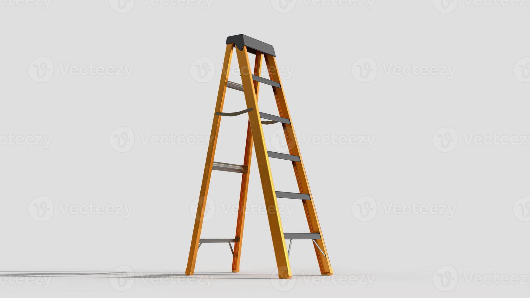 orange metal staircase with black step on white backdrop, bottom view photo