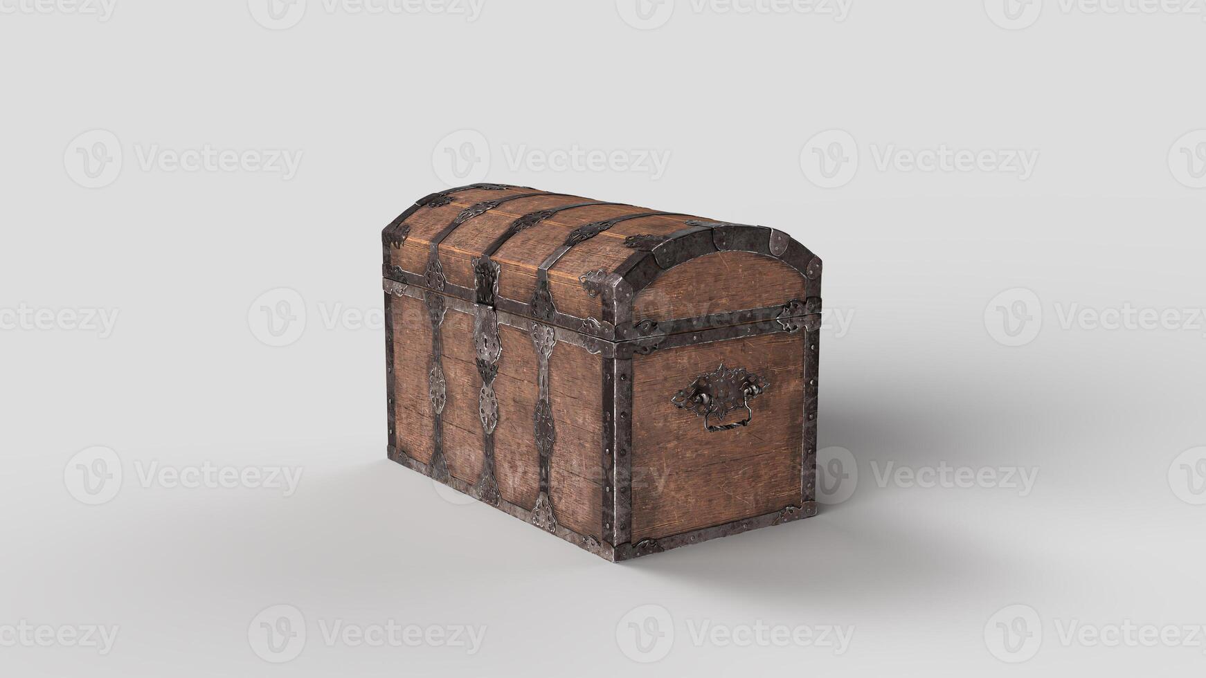 antique wooden and iron treasure chest in the white setting, left view photo