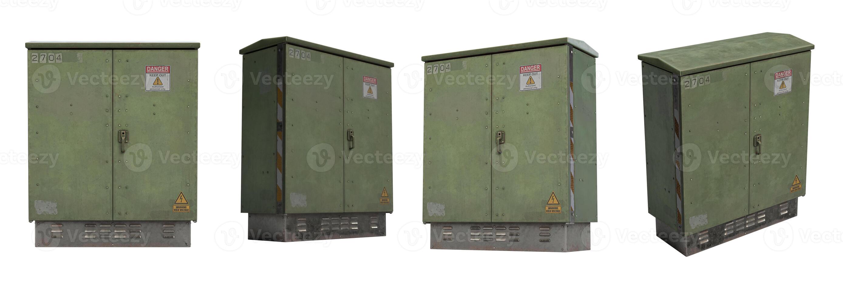 4 green high voltage power boxes with warning on white background photo