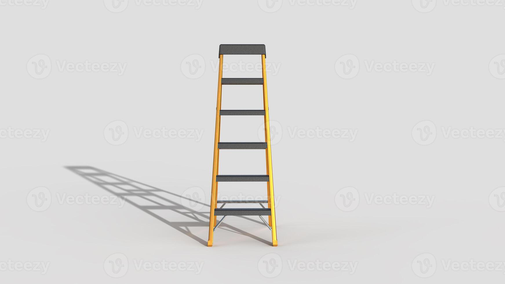 orange metal staircase with black step on white backdrop, front view photo