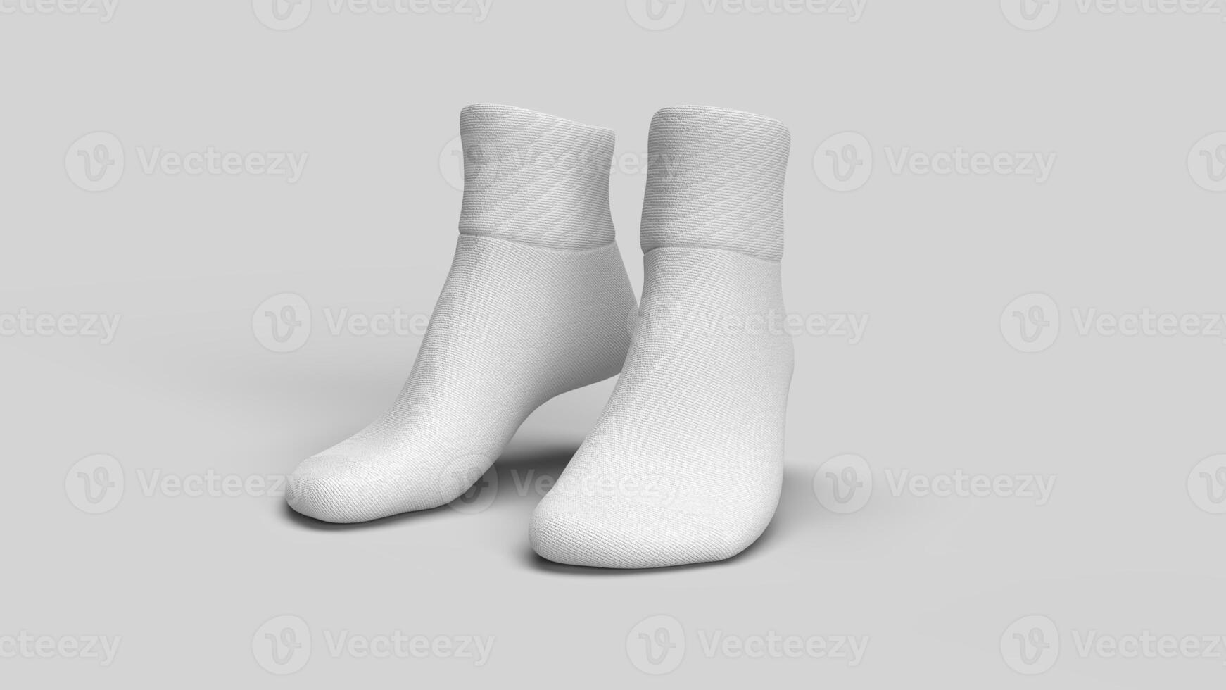 2 white cotton socks on the white backdrop, left view photo