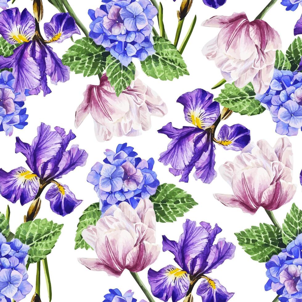 Watercolor seamless botanical pattern with spring flowers hand drawn design background vector