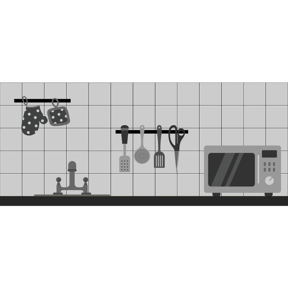 illustration of a kitchen interior with a set of kitchen utensils and a microwave oven. vector
