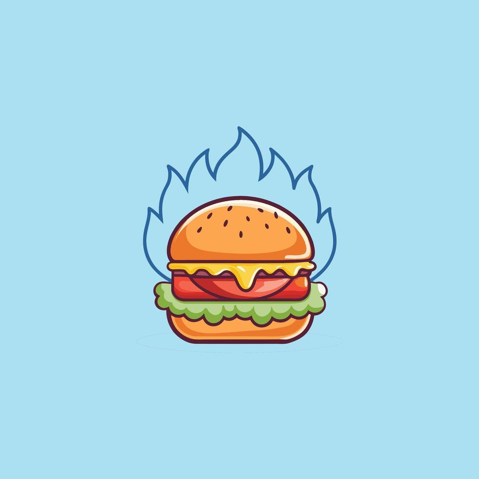Burger With Fire Cartoon Icon Illustration Food Object Icon Isolated Flat vector