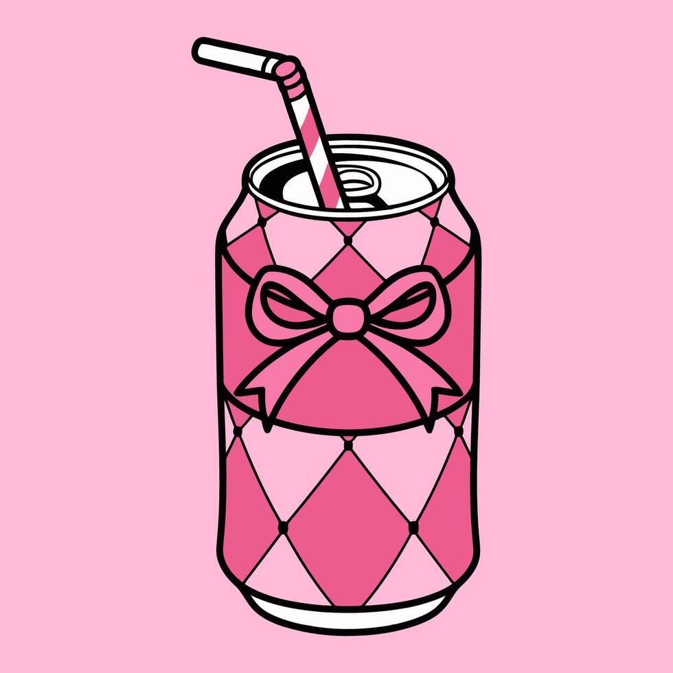 Cute Pink Soda Can with Straw and Bow Illustration vector
