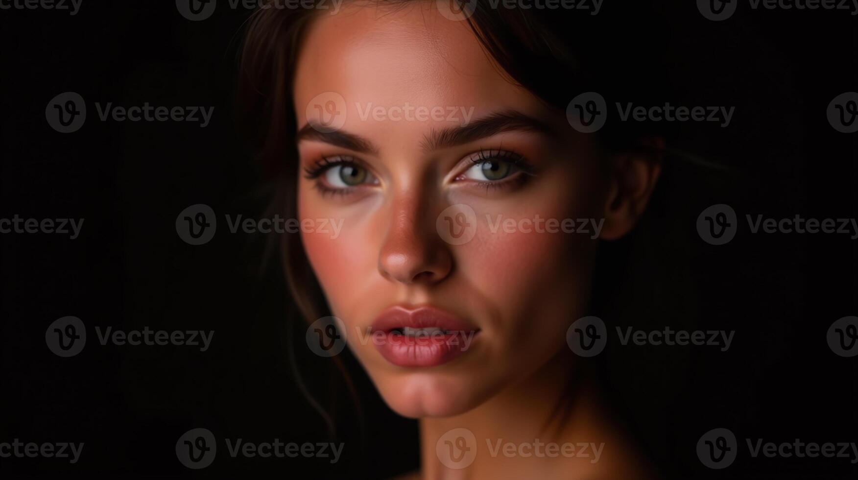 The image showcases a woman with a serene expression, set against a dark background. photo