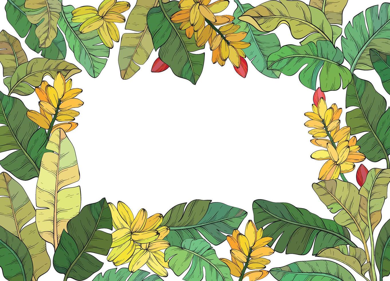 square frame adorned with Tropical banana palm leaves and flowers vector
