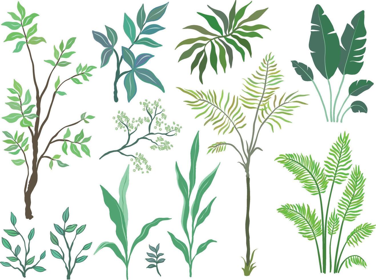 Set of palm trees and plants on white background vector