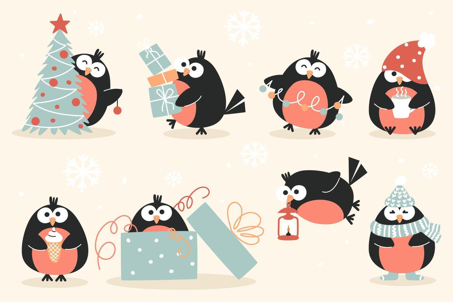 collection of New Year bullfinches in flat style vector