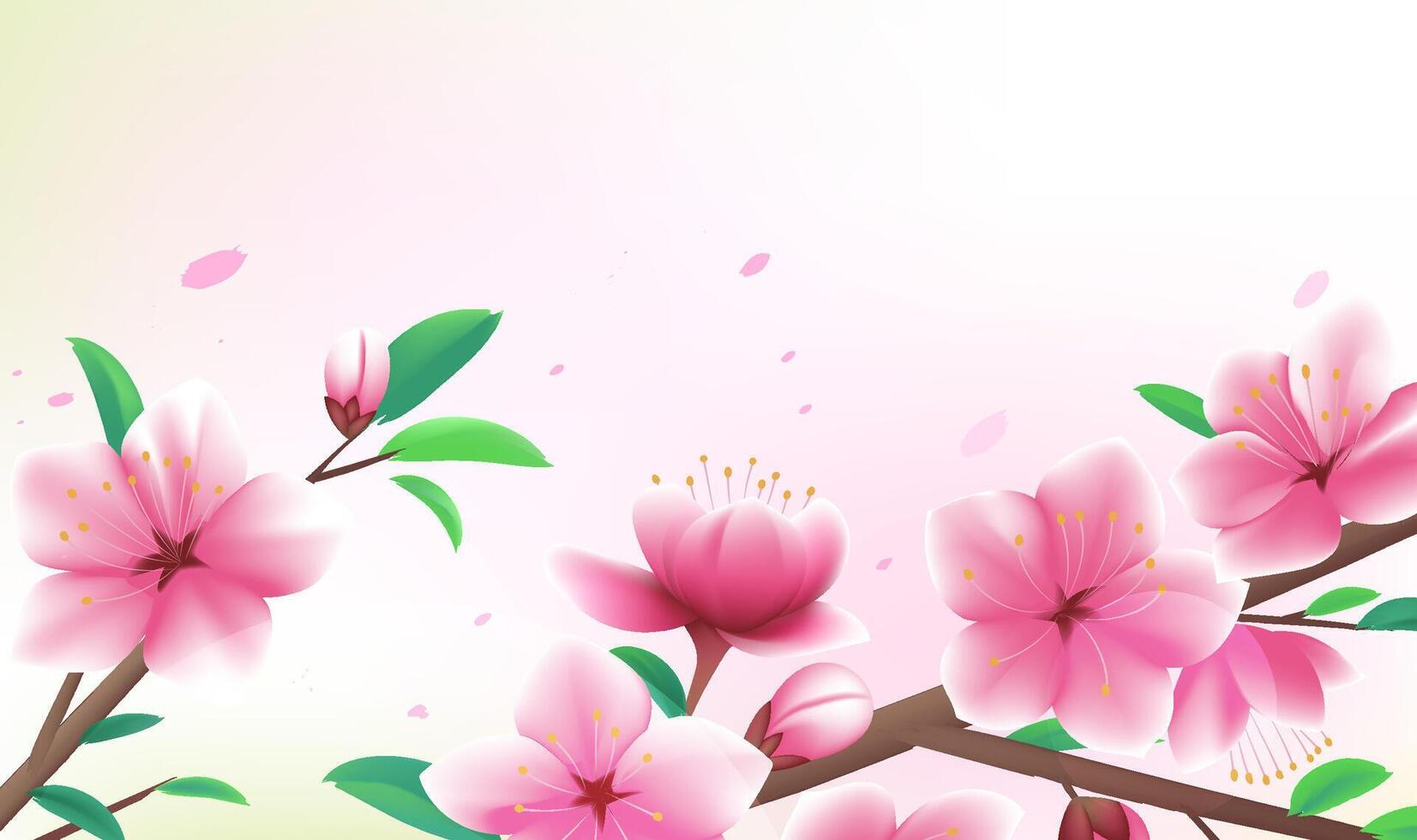 Spring horizontal illustration design Pink peach blossom petals fluttering in the wind vector