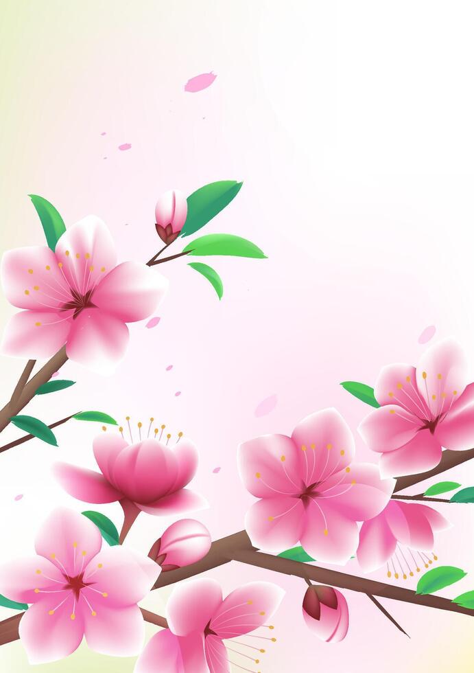 Spring vertical illustration design Pink peach blossom petals fluttering in the wind vector