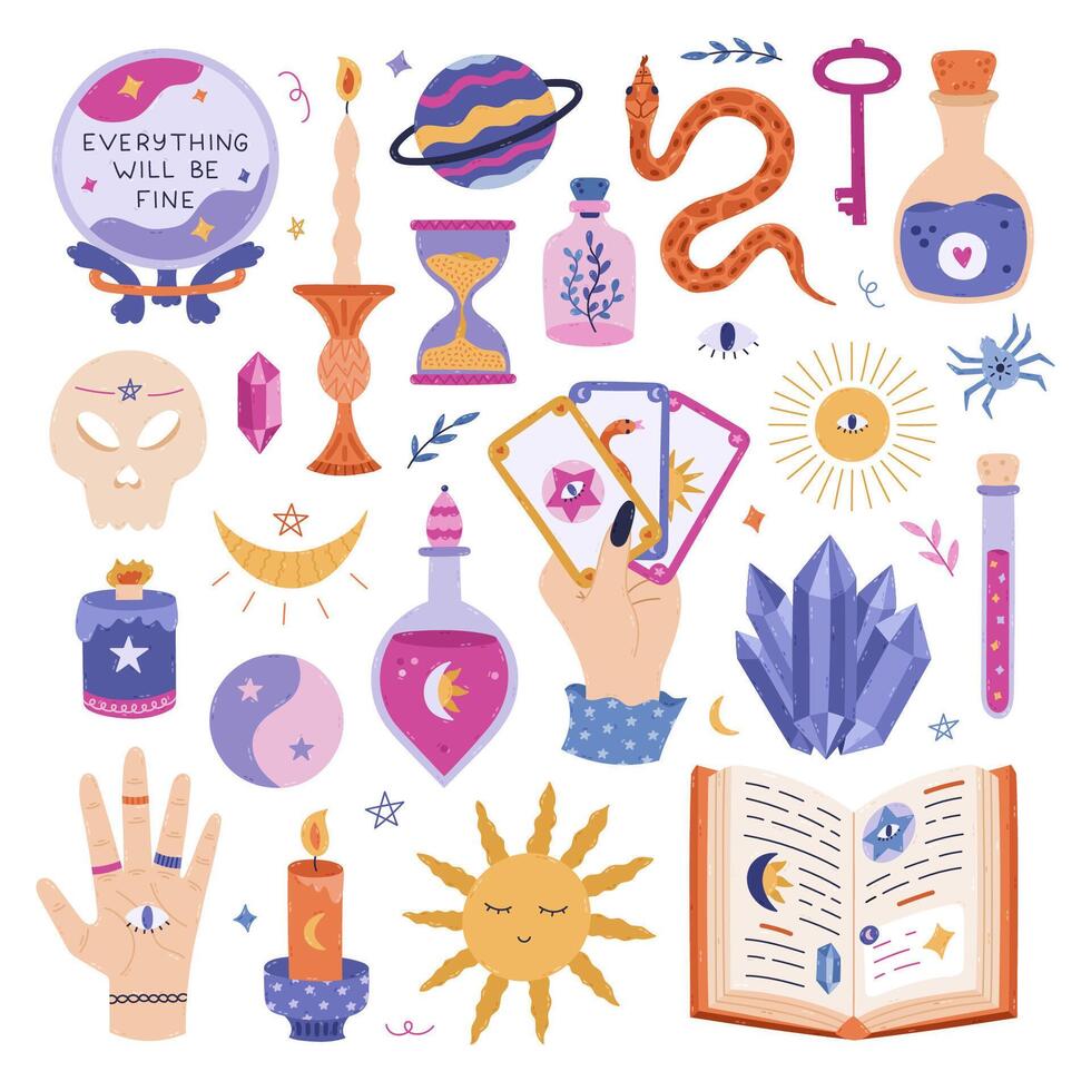 Big cartoon esoteric and magical set with wizard potion, spell book, crystal ball of fortuneteller, astrology and occult elements. Lovely hand drawn Halloween collection with witchcore aesthetic. vector