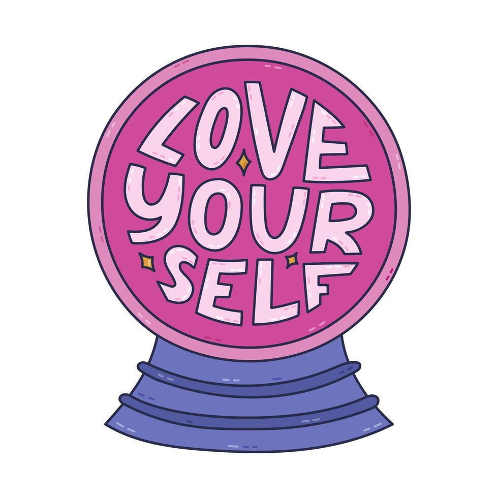 Lovely line cartoon magical crystal ball of fortune teller with bold typography in circle Love Yourself. Cute hand drawn doodle of enchanted glass ball with prophecy for future isolated on white. vector
