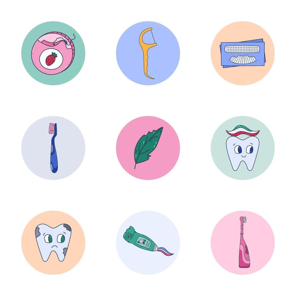 Lovely cartoon round cover icon with teeth treatment doodle for different social media, business, branding. Highlight icons for stories with funny tooth characters, brush, floss in pastel colors. vector