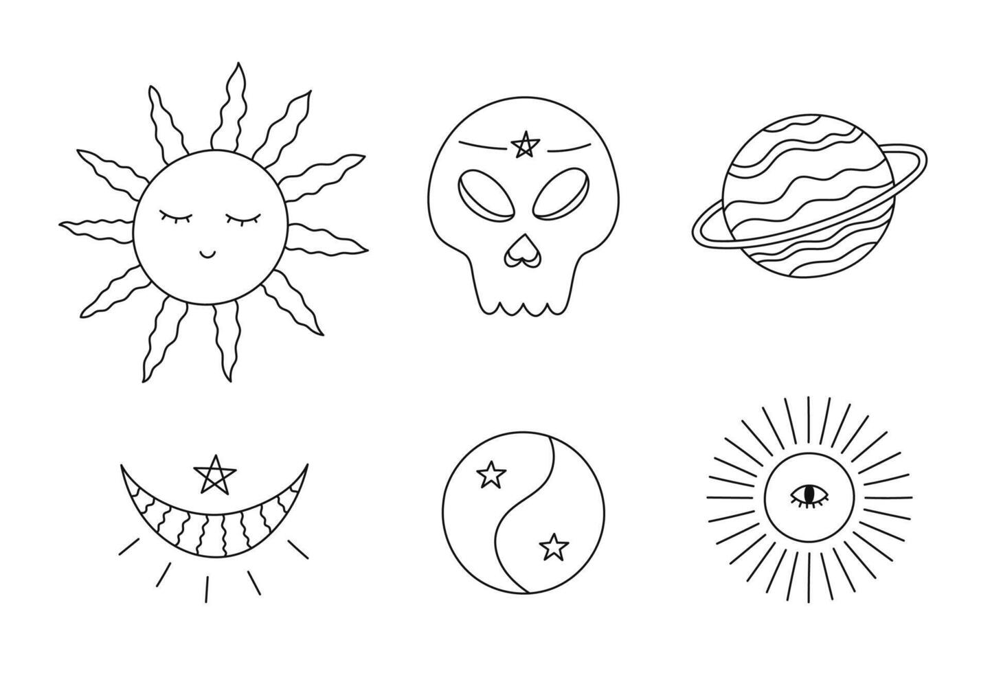 Lovely doodle astrology and occult set with esoteric sun with wavy rays, crescent moon, all seeing eye, human skull, yin yang. Hand drawn celestial bodies. Mystic cosmic doodle isolated on white. vector