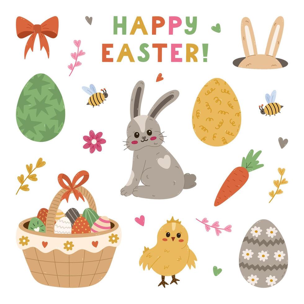 Lovely cartoon Happy Easter set with Easter bunny back view, cute baby chick, holiday basket full of painted patterned eggs, rabbit ear hiding in hole. Easter egg hunt clipart pack isolated on white. vector