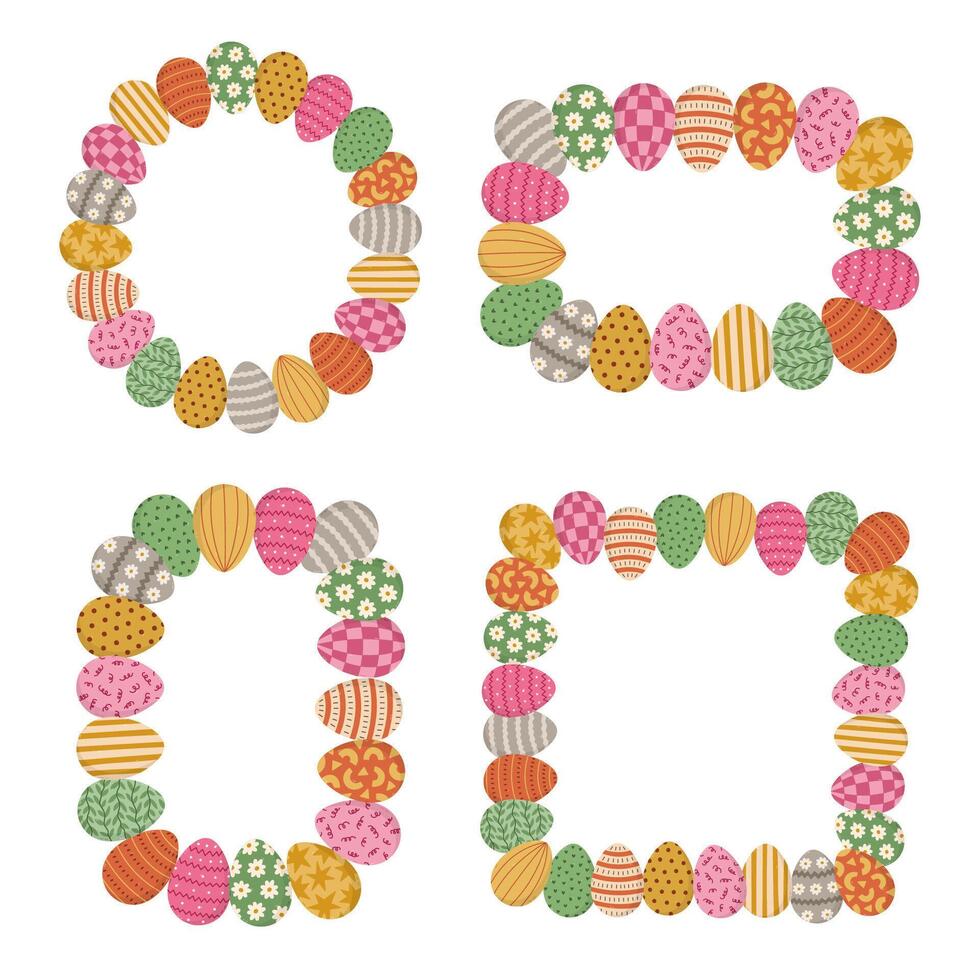 Lovely set with round, square, rectangle frame with painted Easter eggs in bright colors for poster, design, social media. Colourful vertical and horizontal Easter border collection ornate eggs. vector