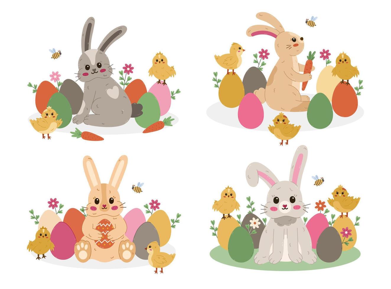 Lovely cartoon Easter illustration set with fluffy bunny in Easter eggs at lawn with baby chick, honeybee. Funny religious springtime concept with different rabbits, chicken for poster, social media. vector
